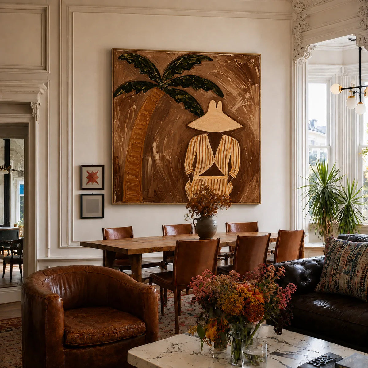 Striped Figure Beneath a Palm on Warm Brown Wall Art styled interior scene 2 | Olyrel