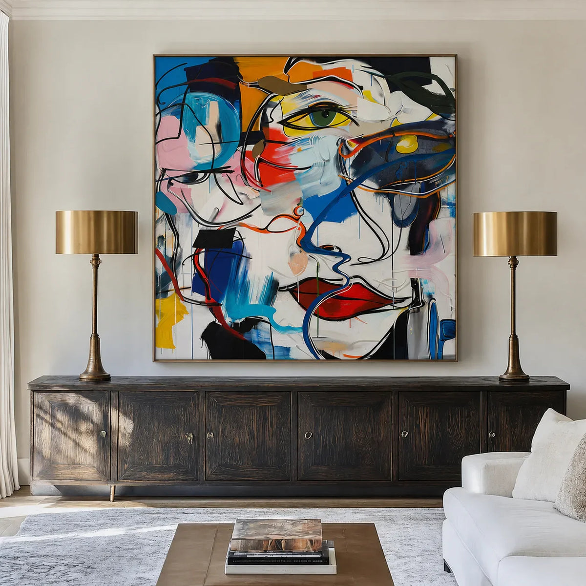 Overlapping Faces in Blue Red and Yellow Wall Art styled interior scene 4 | Olyrel