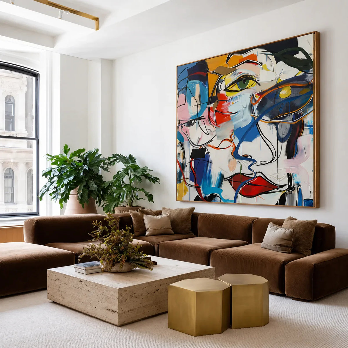 Overlapping Faces in Blue Red and Yellow Wall Art styled interior scene 5 | Olyrel