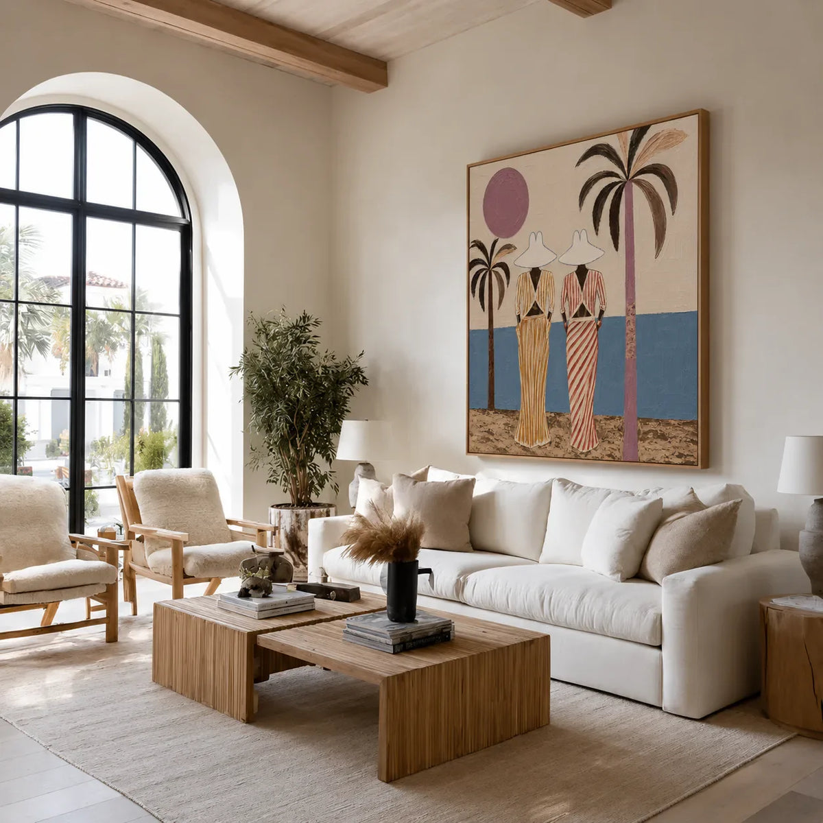 Striped Companions by the Sea with Mauve Sun Wall Art styled interior scene 2 | Olyrel