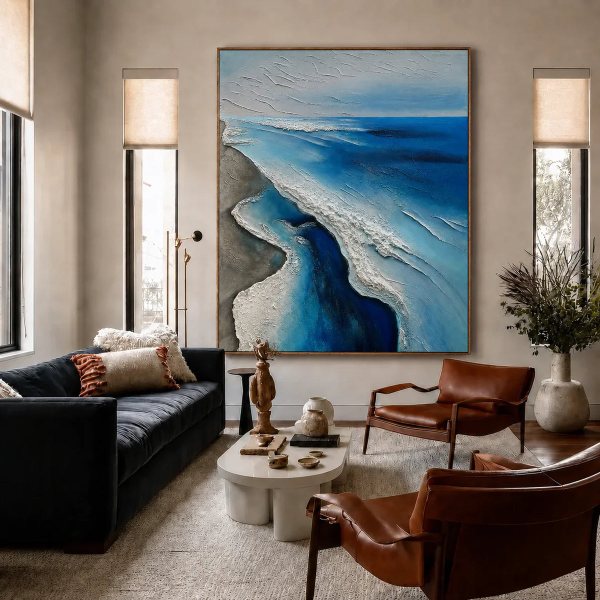 Winding Blue Surf Along a Silver-Gray Shore Wall Art styled interior scene 1 | Olyrel