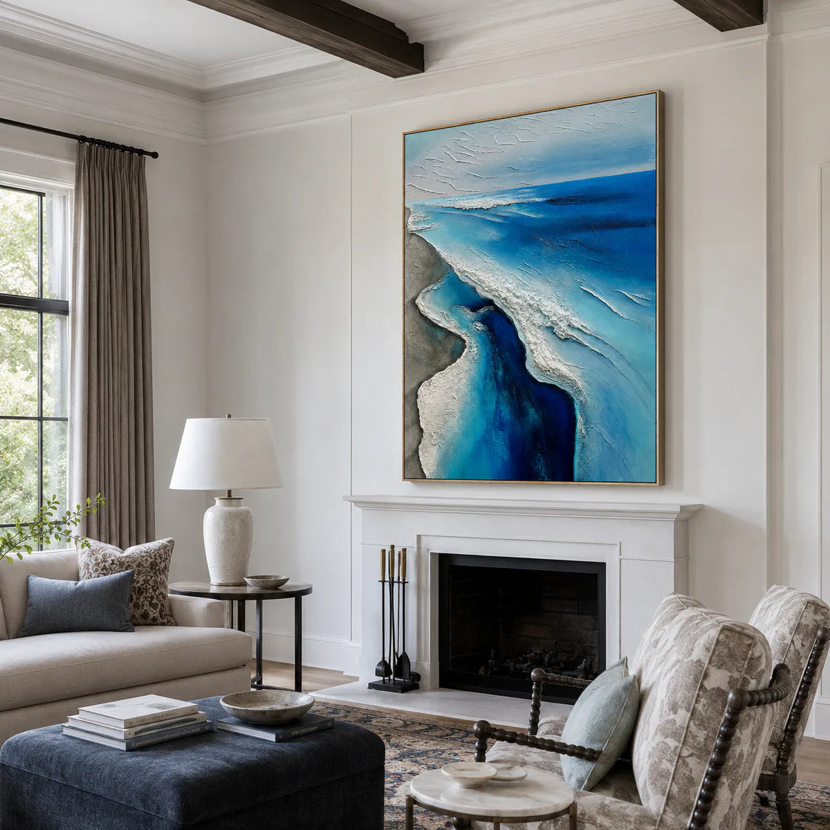 Winding Blue Surf Along a Silver-Gray Shore Wall Art styled interior scene 4 | Olyrel