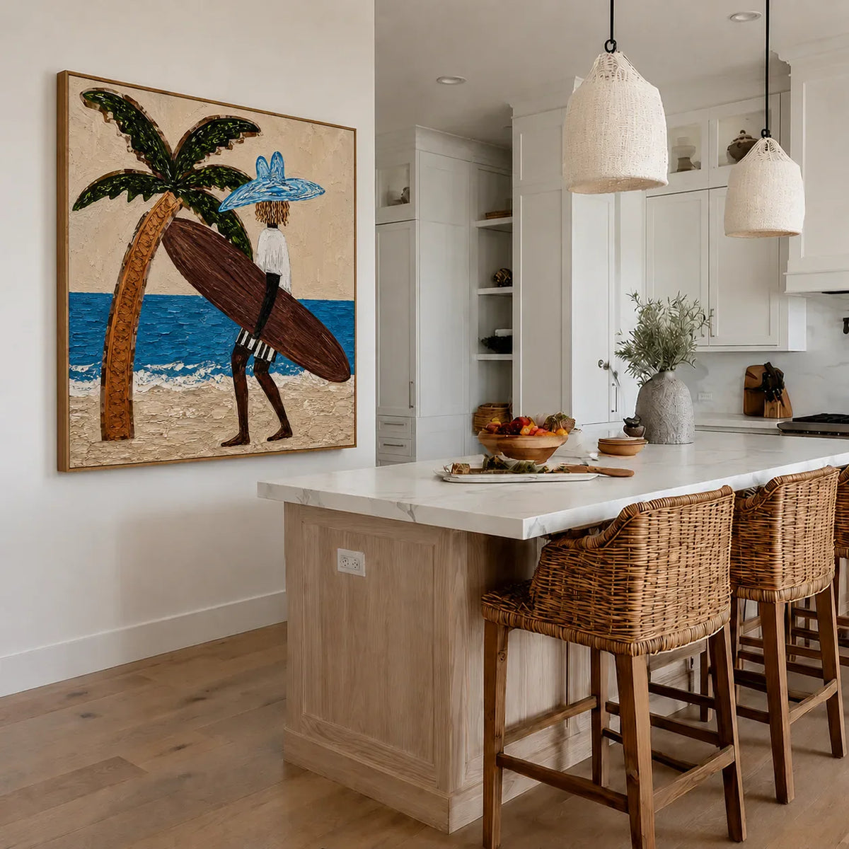 Blue-Hatted Surfer Carrying a Brown Board Wall Art styled interior scene 2 | Olyrel