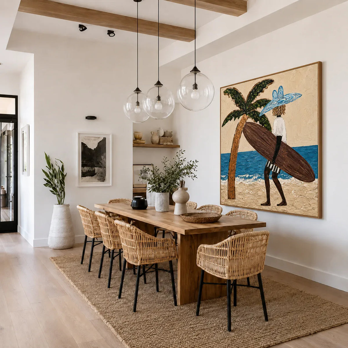 Blue-Hatted Surfer Carrying a Brown Board Wall Art styled interior scene 3 | Olyrel
