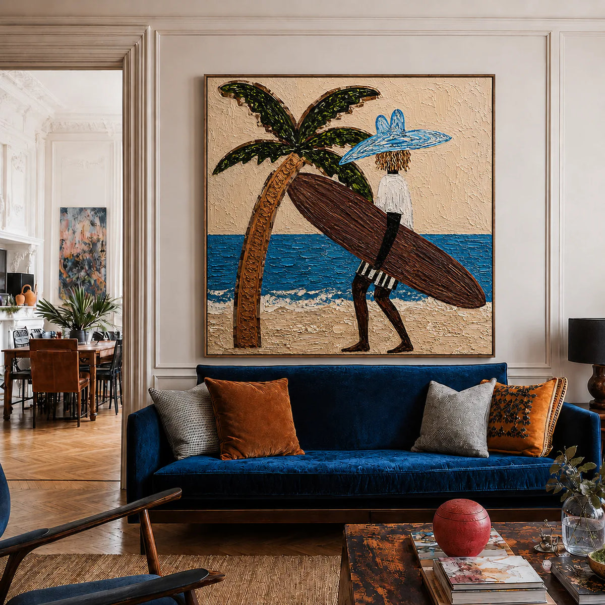 Blue-Hatted Surfer Carrying a Brown Board Wall Art styled interior scene 4 | Olyrel