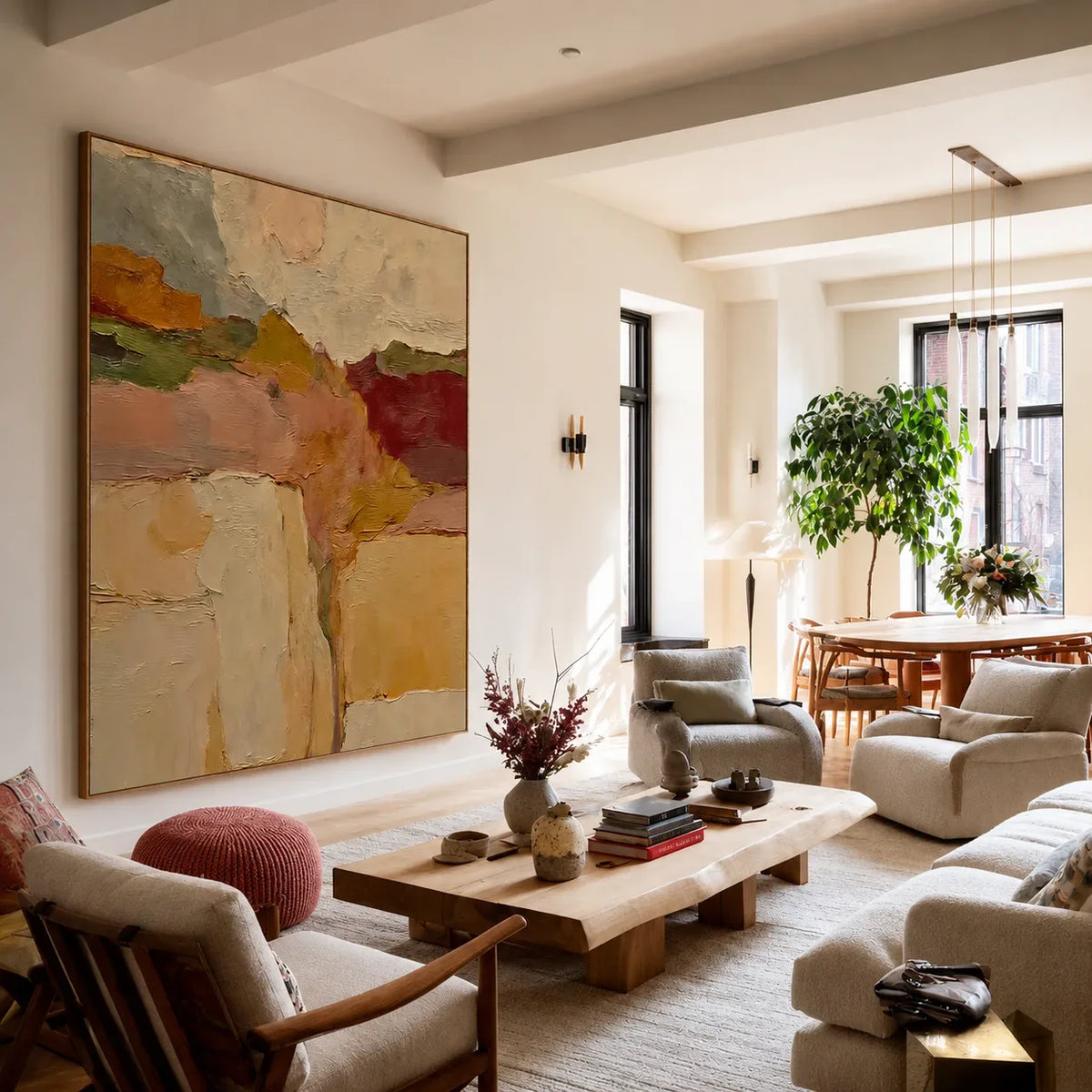 Ochre and Burgundy Layers Through a Cream Field Wall Art styled interior scene 4 | Olyrel