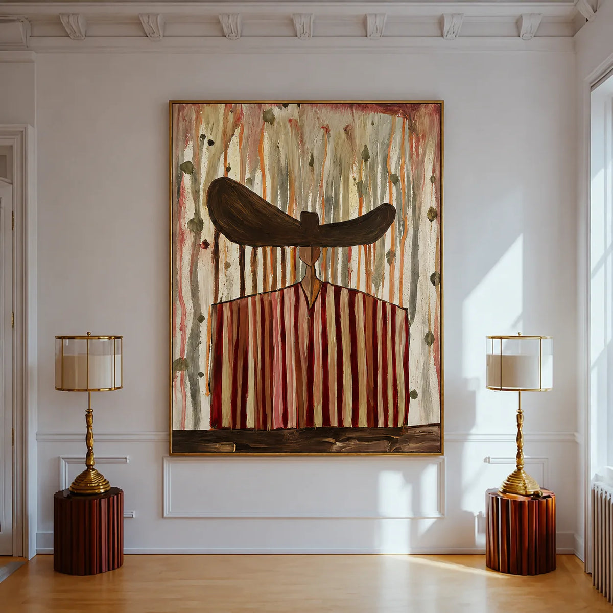 Wide Brown Hat Above Red and Cream Stripes Wall Art styled interior scene 1 | Olyrel