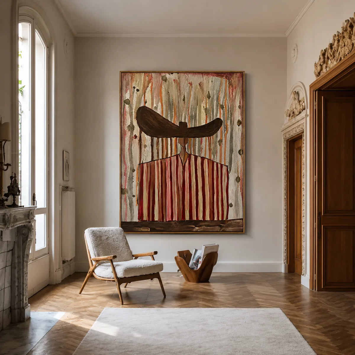 Wide Brown Hat Above Red and Cream Stripes Wall Art styled interior scene 2 | Olyrel