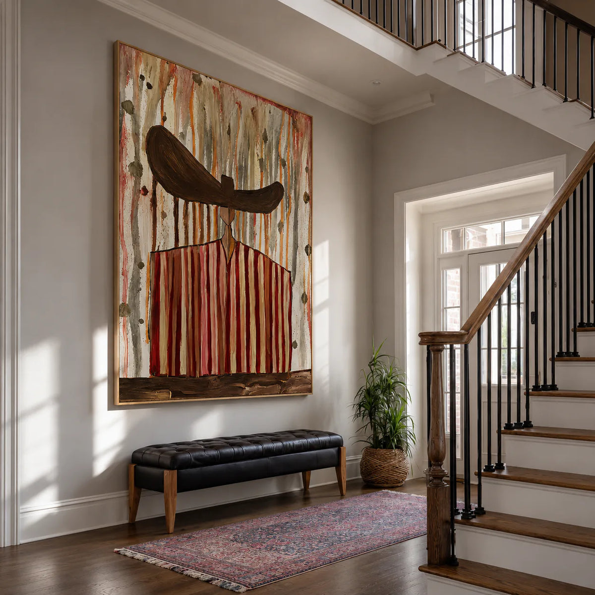 Wide Brown Hat Above Red and Cream Stripes Wall Art styled interior scene 4 | Olyrel