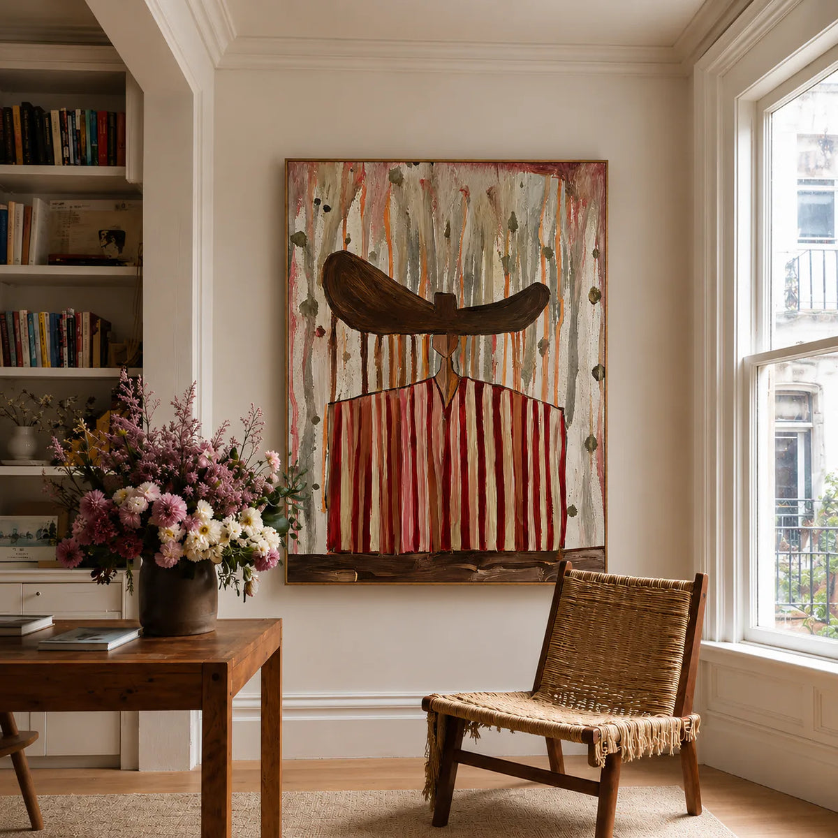 Wide Brown Hat Above Red and Cream Stripes Wall Art styled interior scene 5 | Olyrel