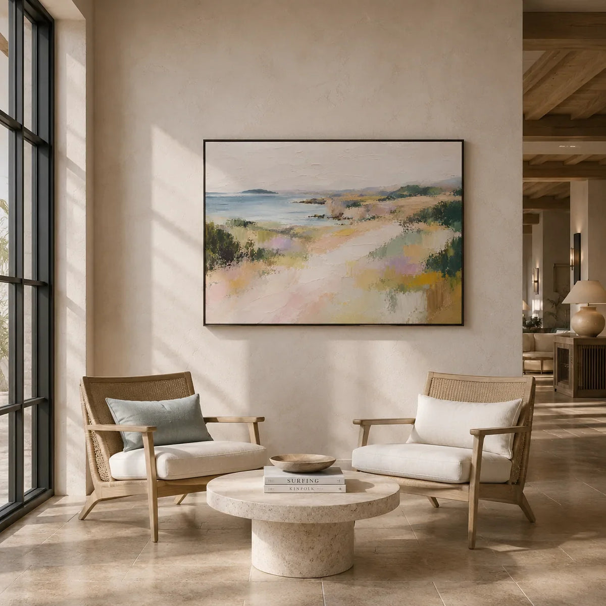 Soft Shore Coastal Wall Art styled in a modern living room | Olyrel