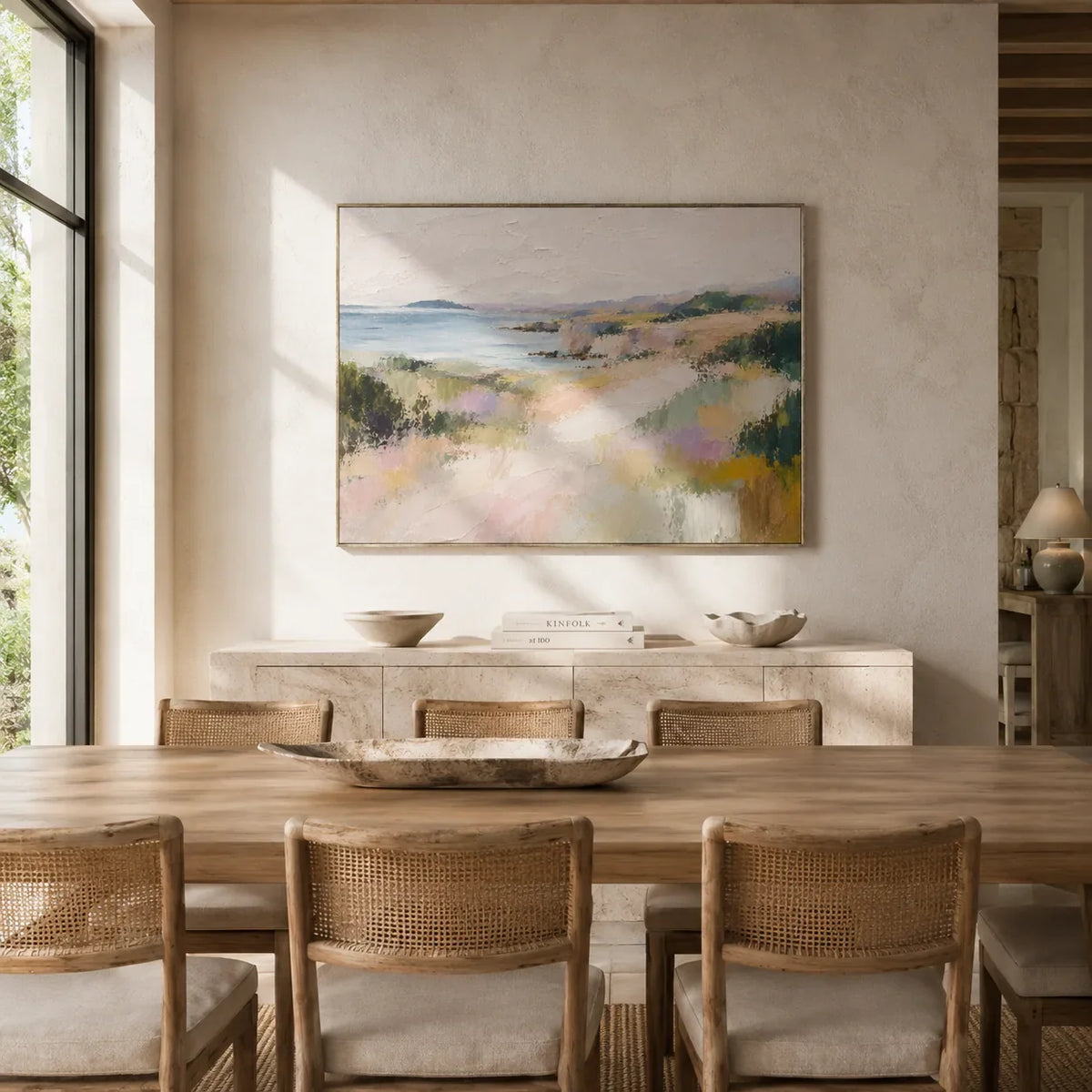 Soft Shore Coastal Wall Art displayed in a bright dining room | Olyrel