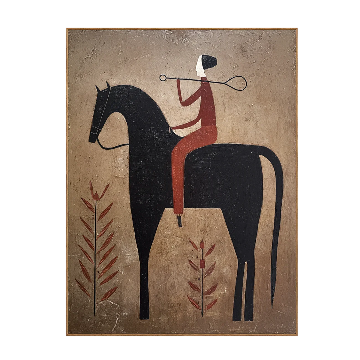 Rust Rider on a Black Horse with Leaf Stems Wall Art | Olyrel
