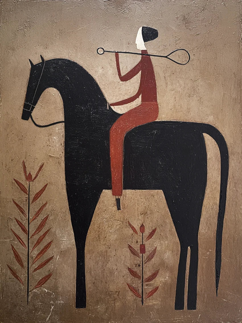 Rust Rider on a Black Horse with Leaf Stems Wall Art artwork view | Olyrel