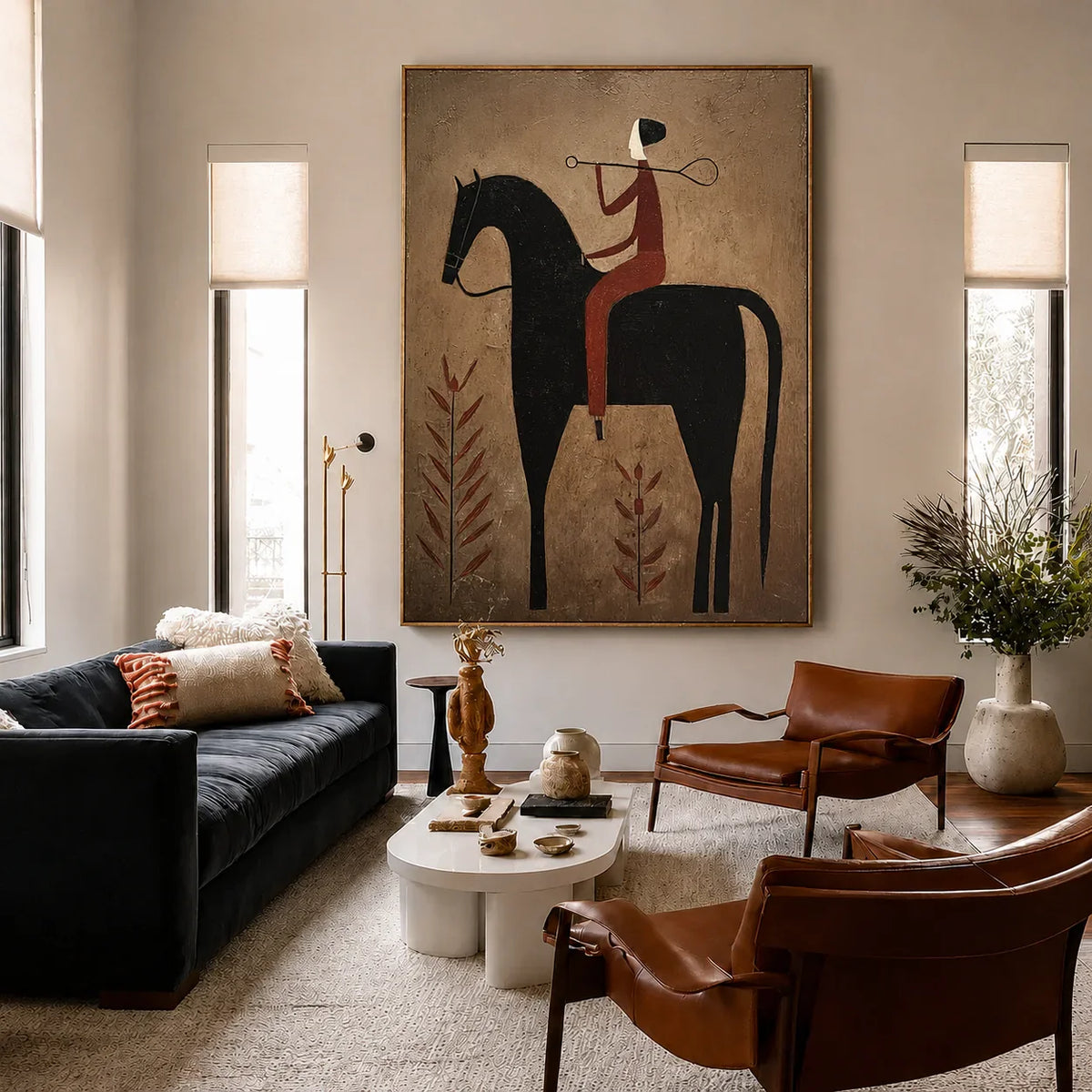 Rust Rider on a Black Horse with Leaf Stems Wall Art styled interior scene 1 | Olyrel