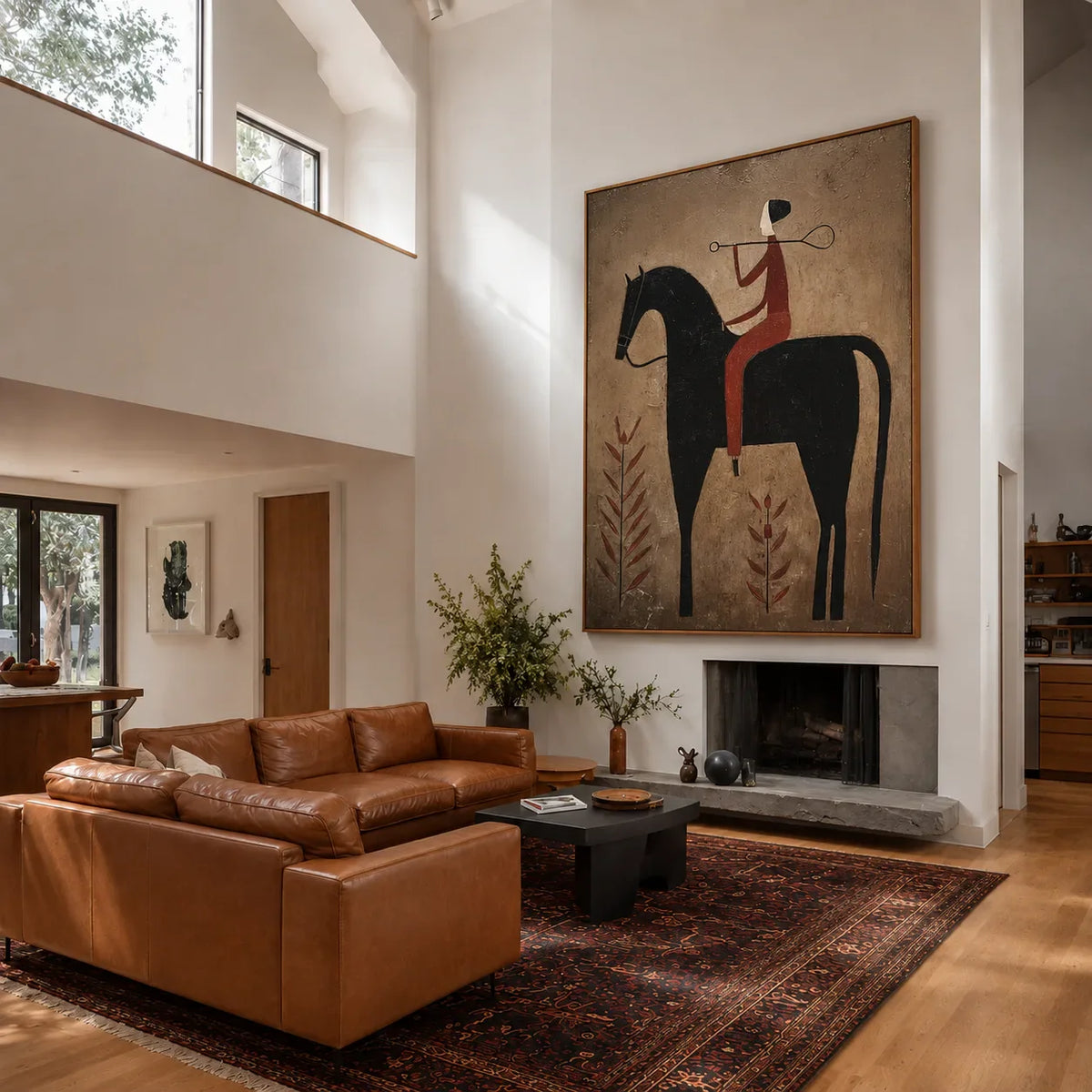 Rust Rider on a Black Horse with Leaf Stems Wall Art styled interior scene 2 | Olyrel