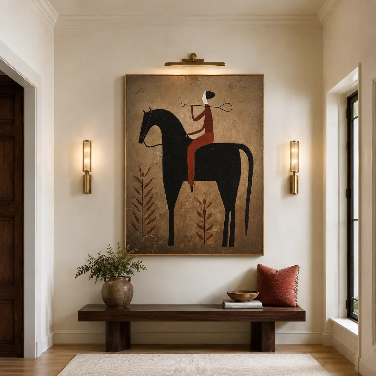 Rust Rider on a Black Horse with Leaf Stems Wall Art styled interior scene 3 | Olyrel
