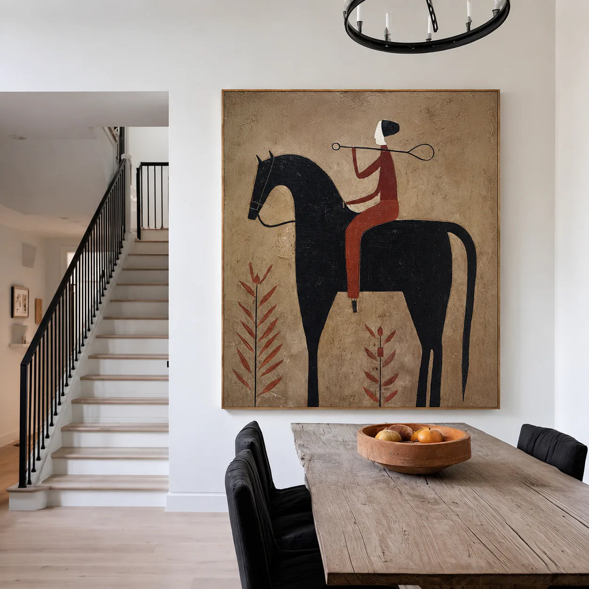 Rust Rider on a Black Horse with Leaf Stems Wall Art styled interior scene 5 | Olyrel