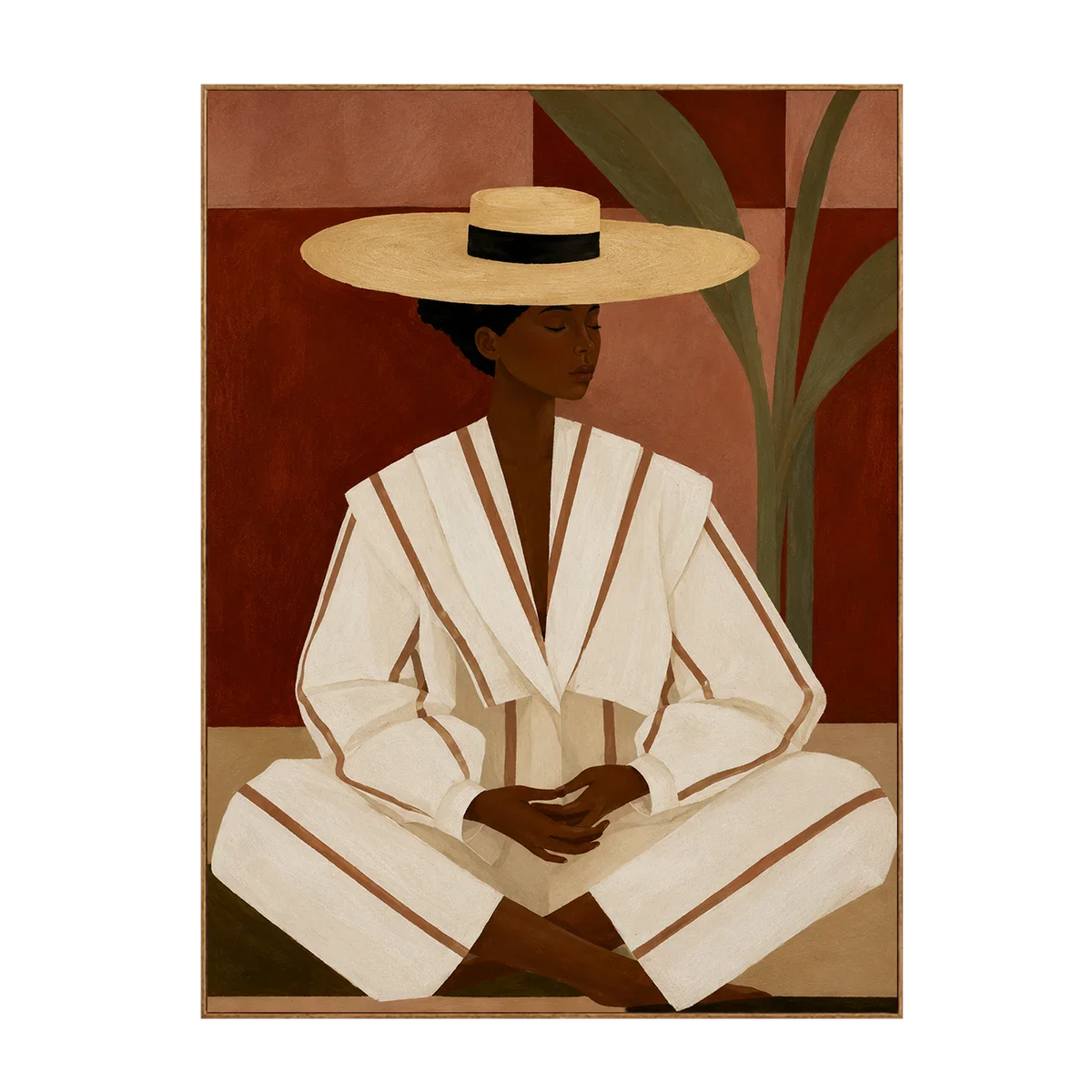 Seated Figure in Cream Stripes and a Straw-Toned Hat Wall Art | Olyrel