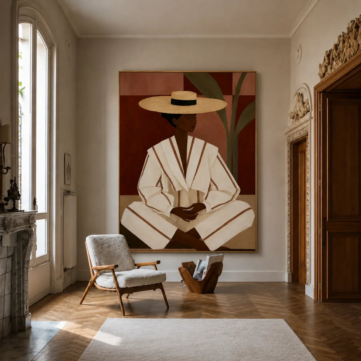 Seated Figure in Cream Stripes and a Straw-Toned Hat Wall Art styled interior scene 2 | Olyrel