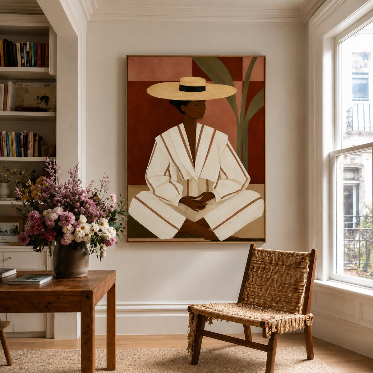 Seated Figure in Cream Stripes and a Straw-Toned Hat Wall Art styled interior scene 4 | Olyrel