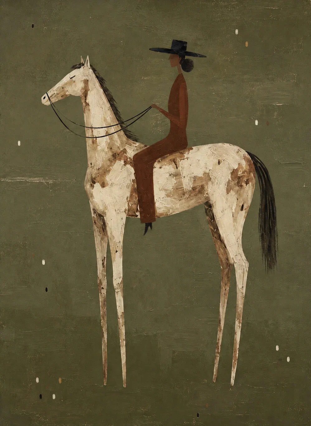 Dark-Hatted Rider on a Cream Dappled Horse Wall Art artwork view | Olyrel
