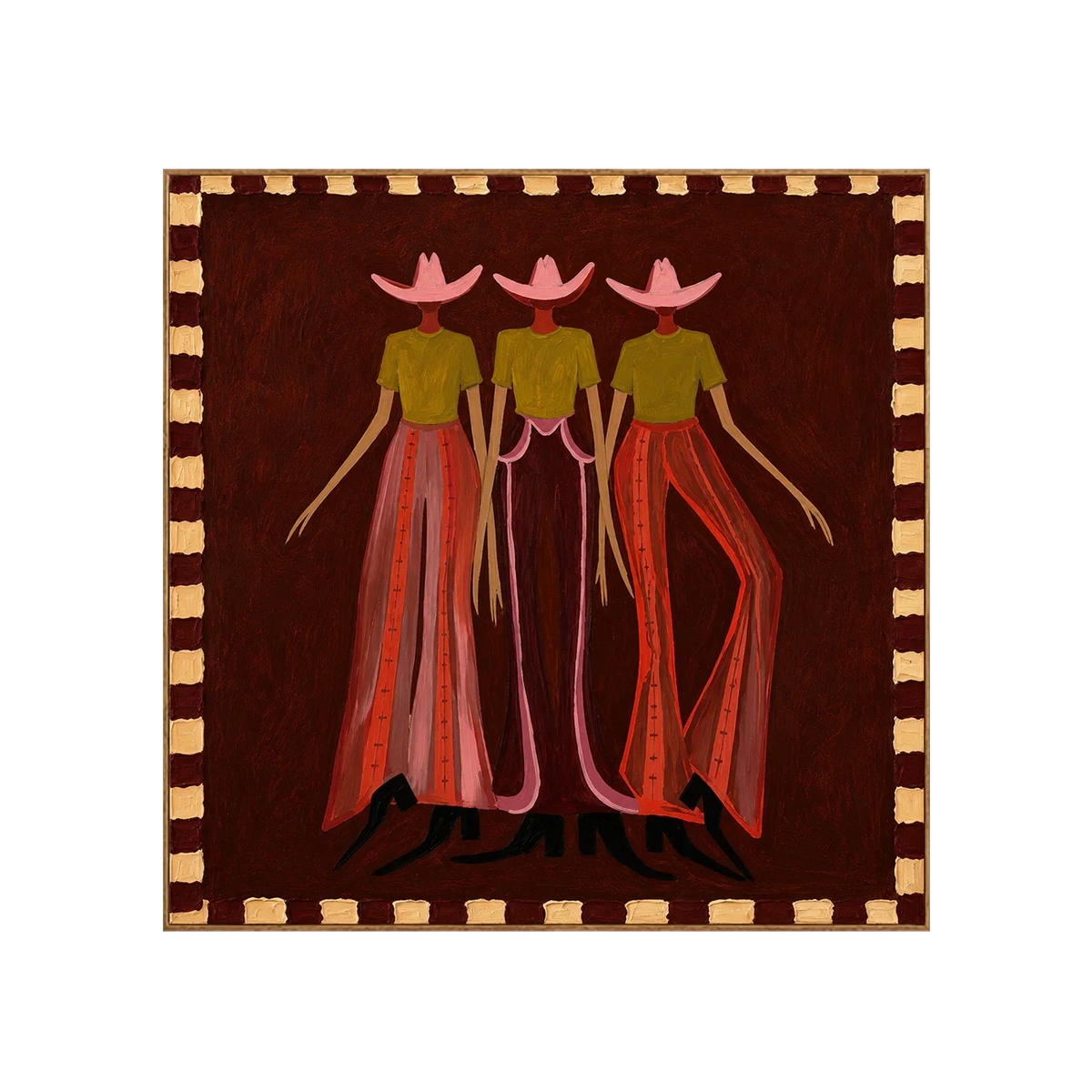 Pink-Hatted Trio in Mustard Tops and Red Trousers Wall Art | Olyrel