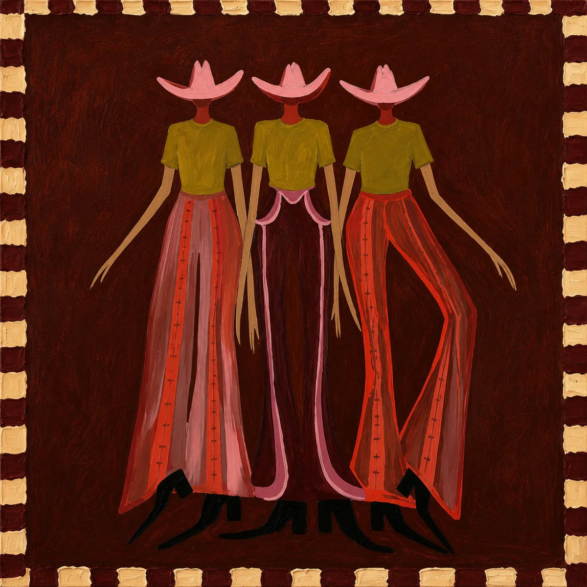 Pink-Hatted Trio in Mustard Tops and Red Trousers Wall Art artwork view | Olyrel