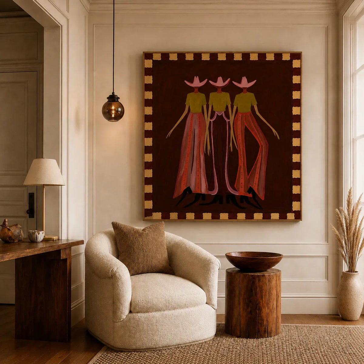 Pink-Hatted Trio in Mustard Tops and Red Trousers Wall Art styled interior scene 1 | Olyrel