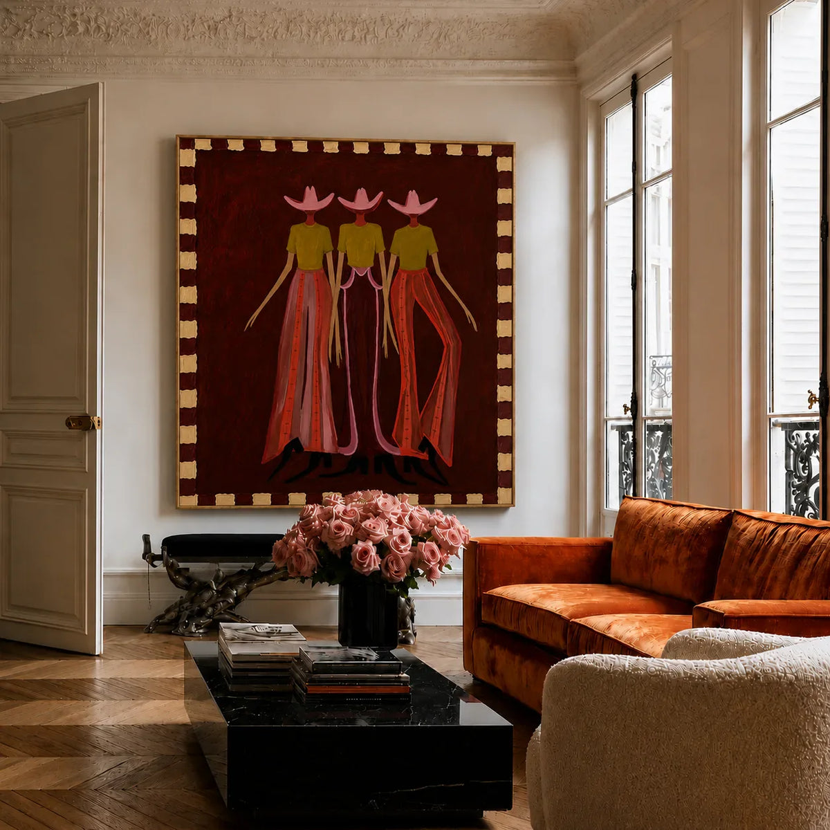 Pink-Hatted Trio in Mustard Tops and Red Trousers Wall Art styled interior scene 4 | Olyrel