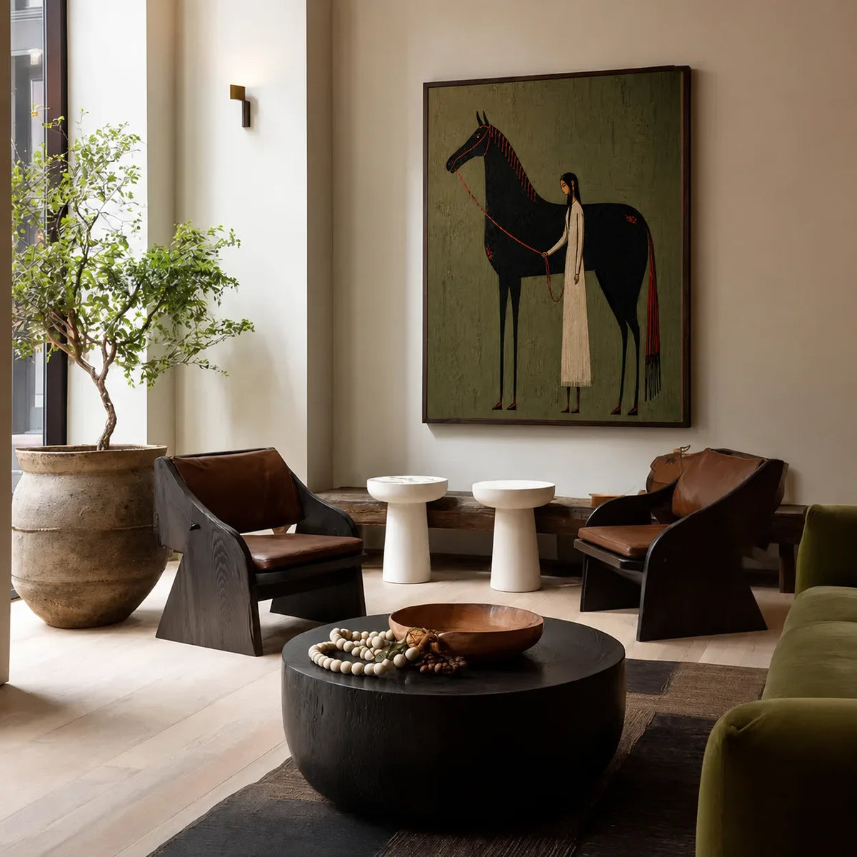 Cream-Clad Figure with a Black Horse on Olive Wall Art styled interior scene 2 | Olyrel