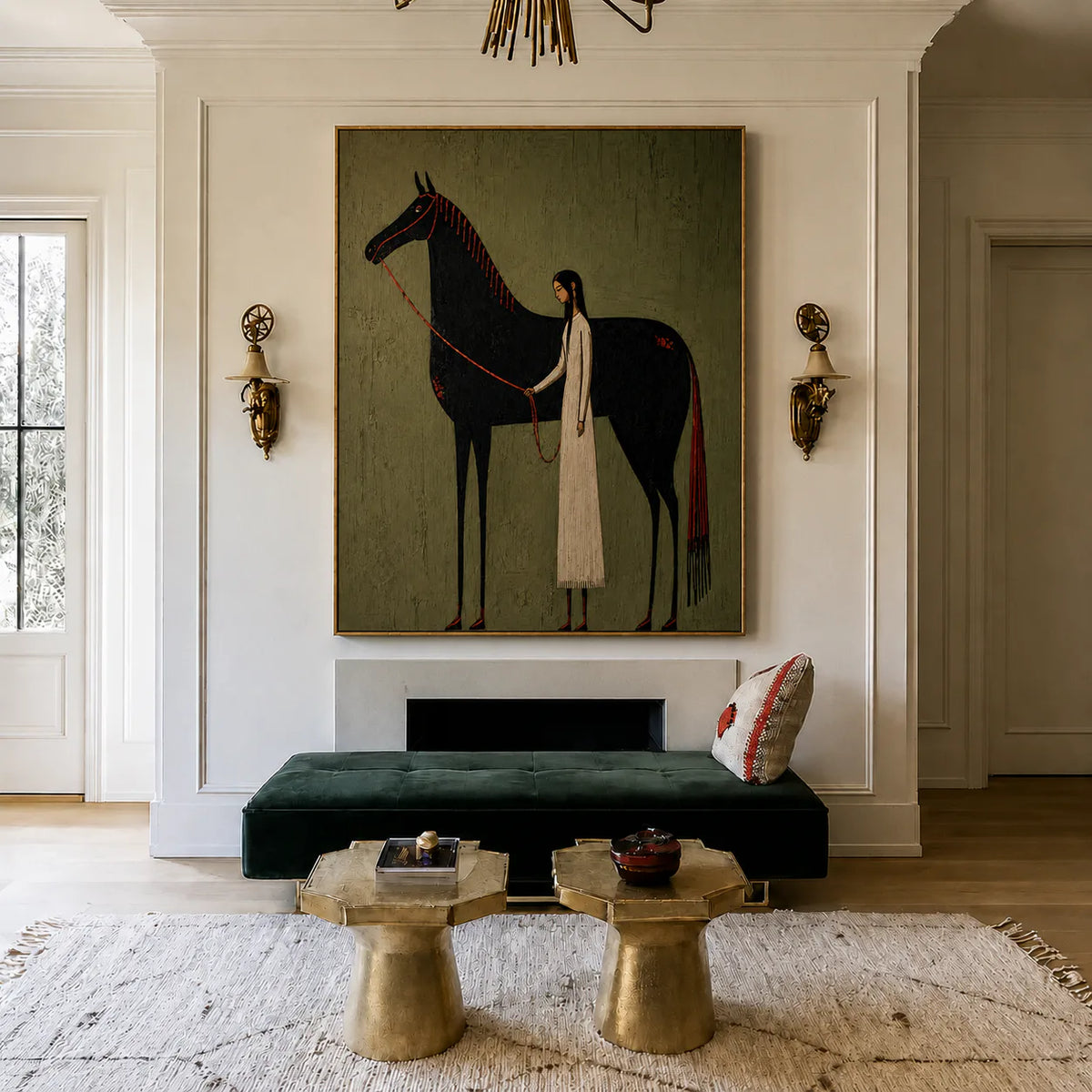 Cream-Clad Figure with a Black Horse on Olive Wall Art styled interior scene 4 | Olyrel