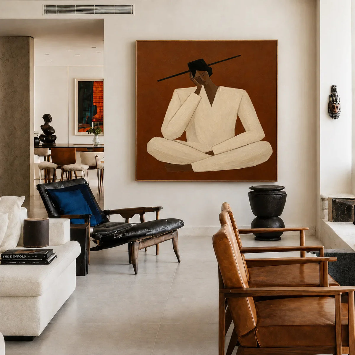 Quiet Cross-Legged Figure in Cream on Burnt Ochre Wall Art styled interior scene 4 | Olyrel