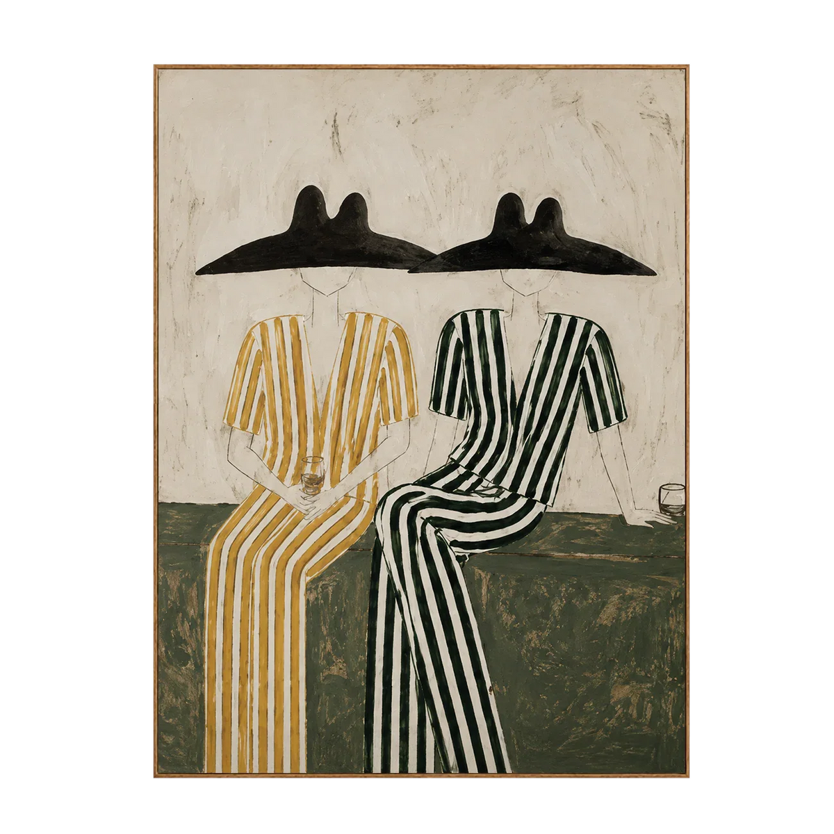Seated Companions in Ochre and Green Stripes Wall Art | Olyrel
