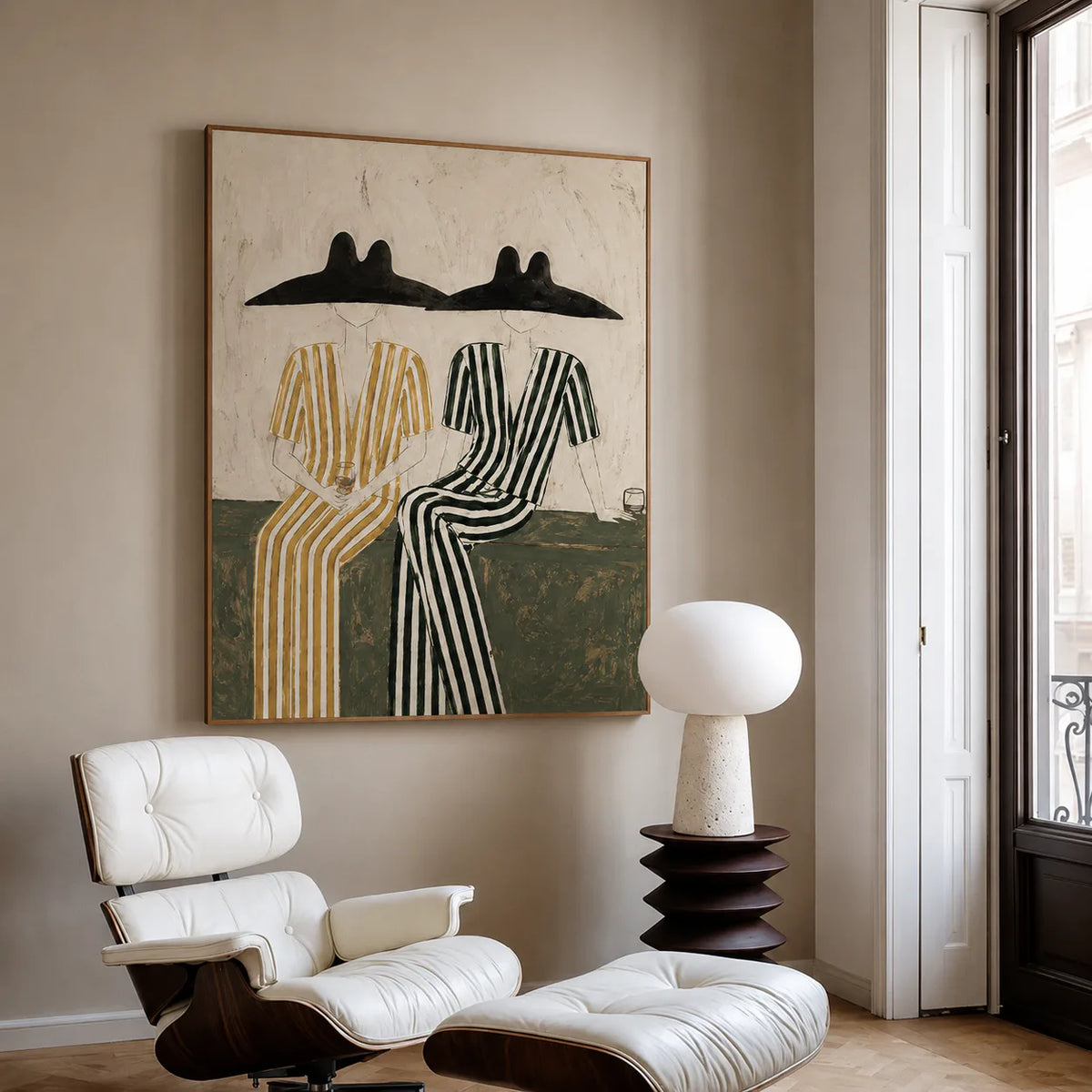 Seated Companions in Ochre and Green Stripes Wall Art styled interior scene 1 | Olyrel