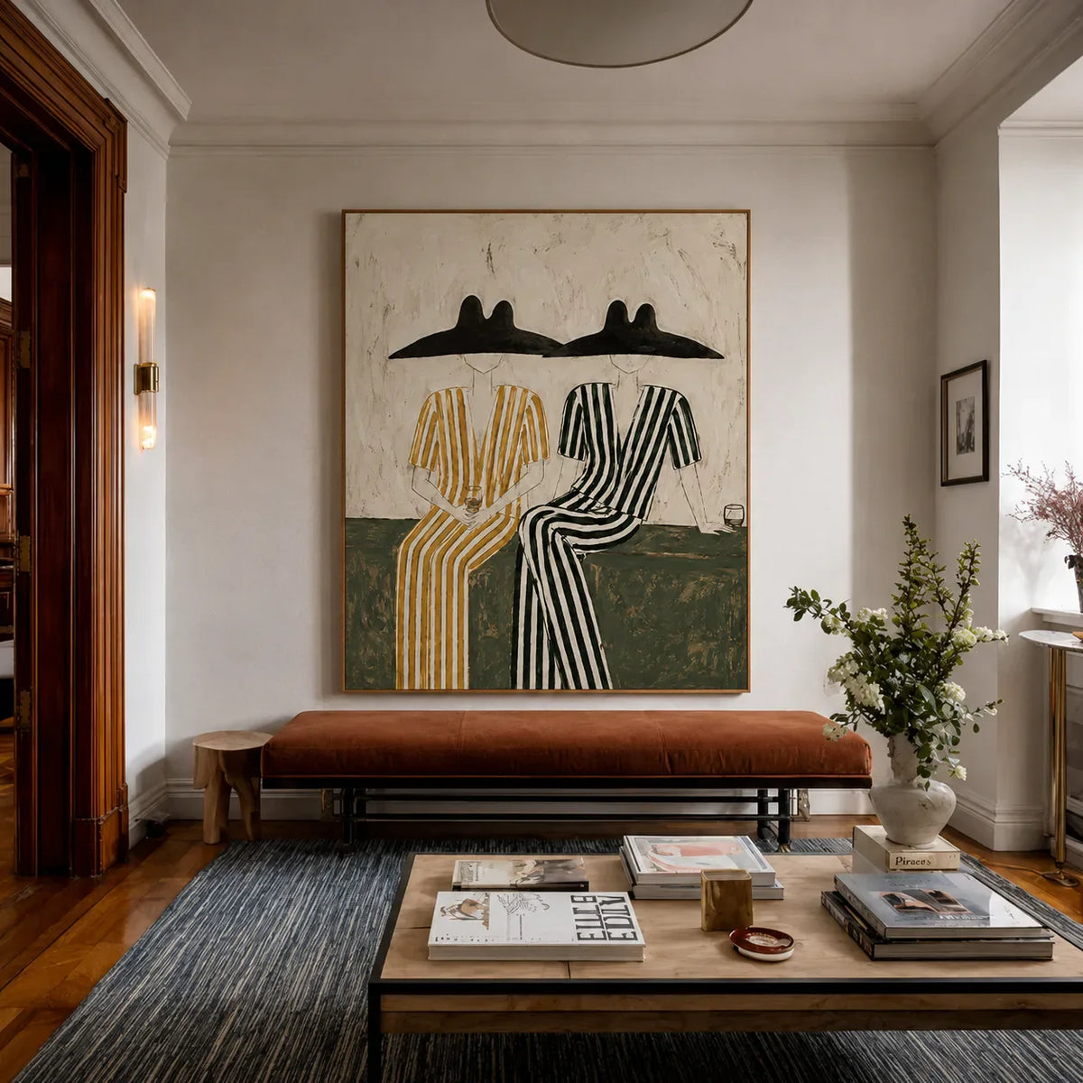 Seated Companions in Ochre and Green Stripes Wall Art styled interior scene 2 | Olyrel