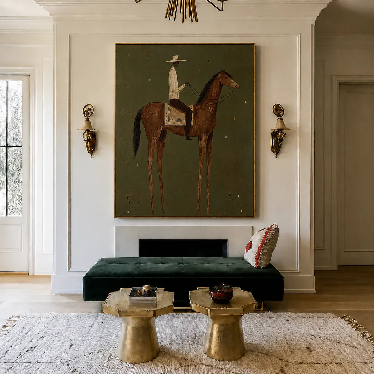 Cream-Hatted Rider on a Chestnut Horse Wall Art styled interior scene 2 | Olyrel