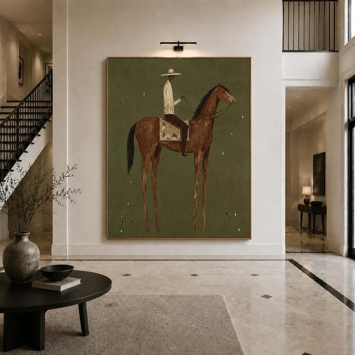 Cream-Hatted Rider on a Chestnut Horse Wall Art styled interior scene 4 | Olyrel