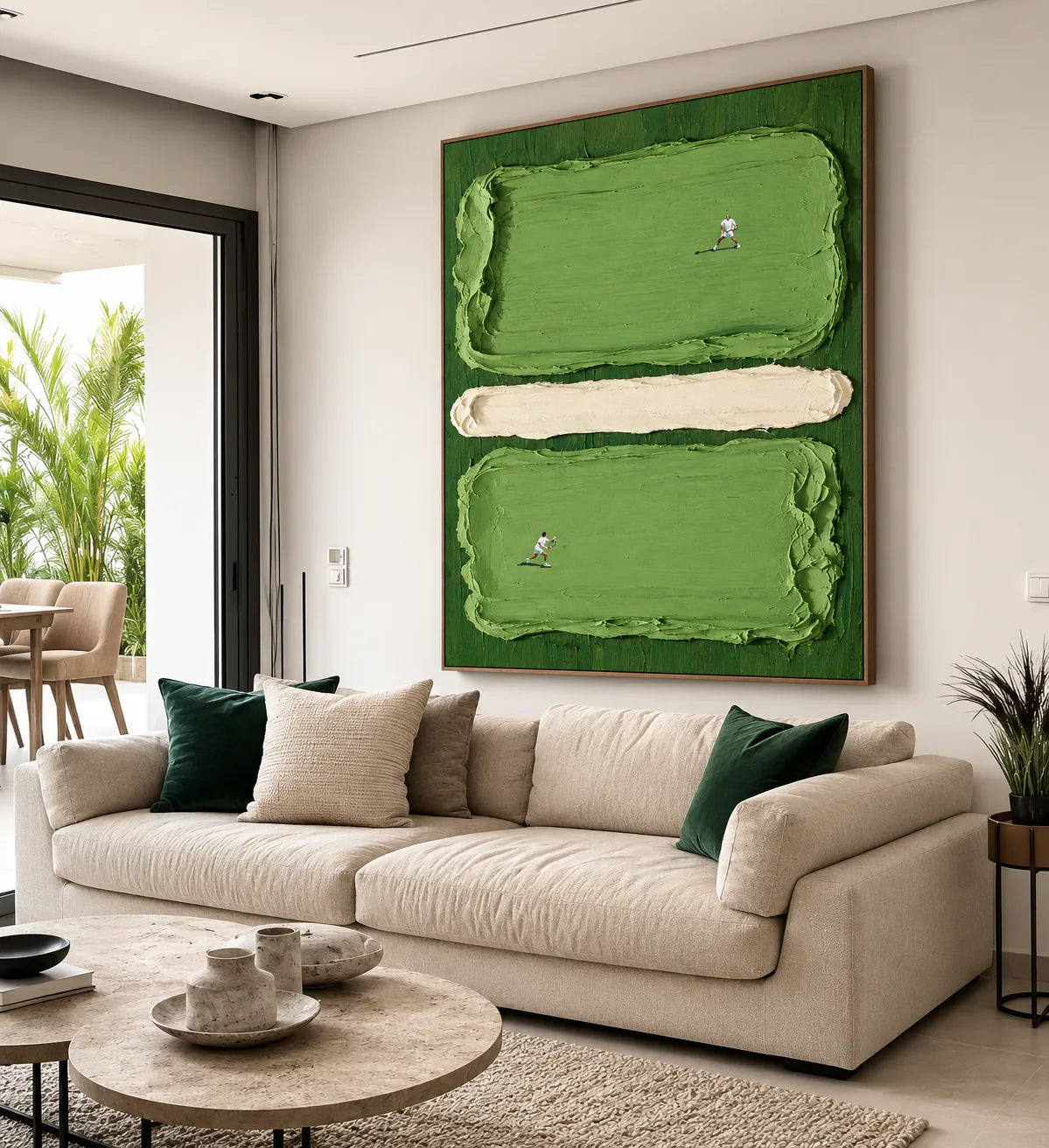 Two Tennis Players on Textured Green Court Panels Wall Art styled interior scene 1 | Olyrel