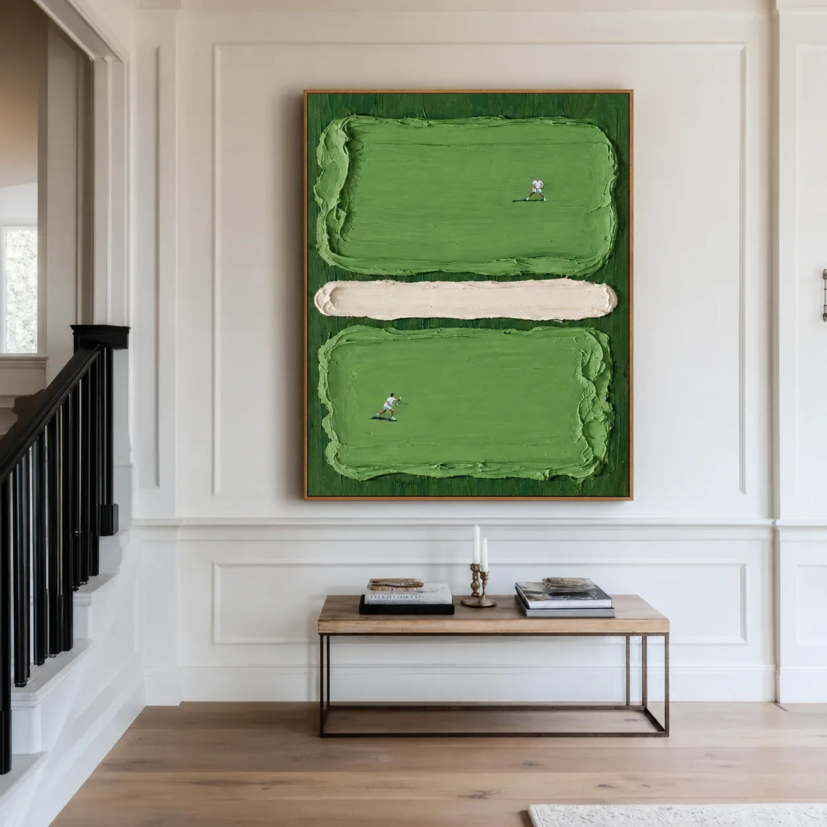 Two Tennis Players on Textured Green Court Panels Wall Art styled interior scene 2 | Olyrel
