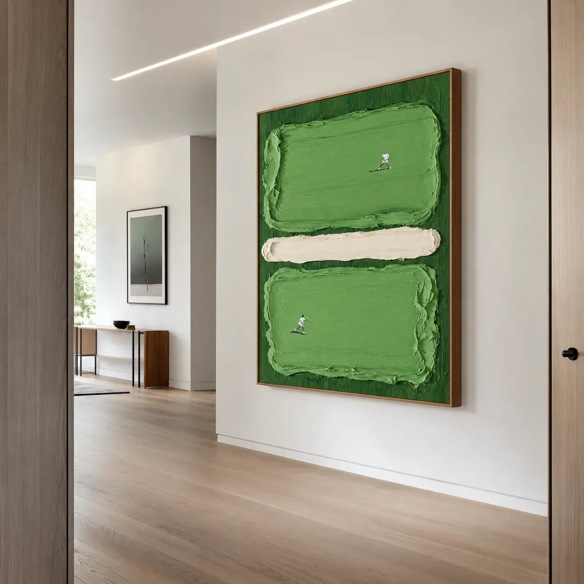 Two Tennis Players on Textured Green Court Panels Wall Art styled interior scene 3 | Olyrel