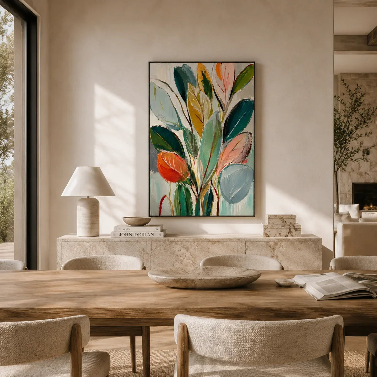 Painted Leaves Botanical Wall Art shown in a calm bedroom setting | Olyrel