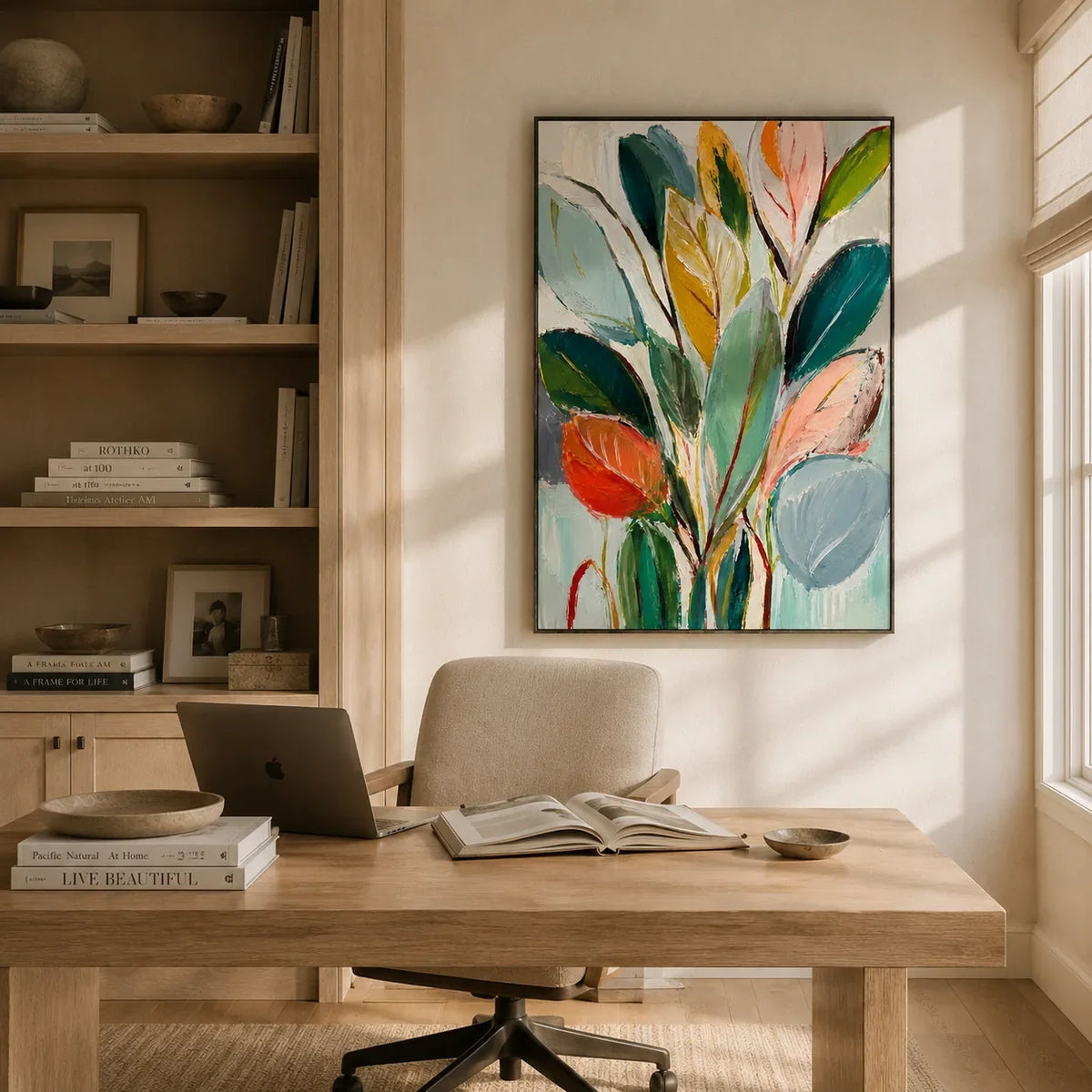 Painted Leaves Botanical Wall Art shown in a quiet home office | Olyrel
