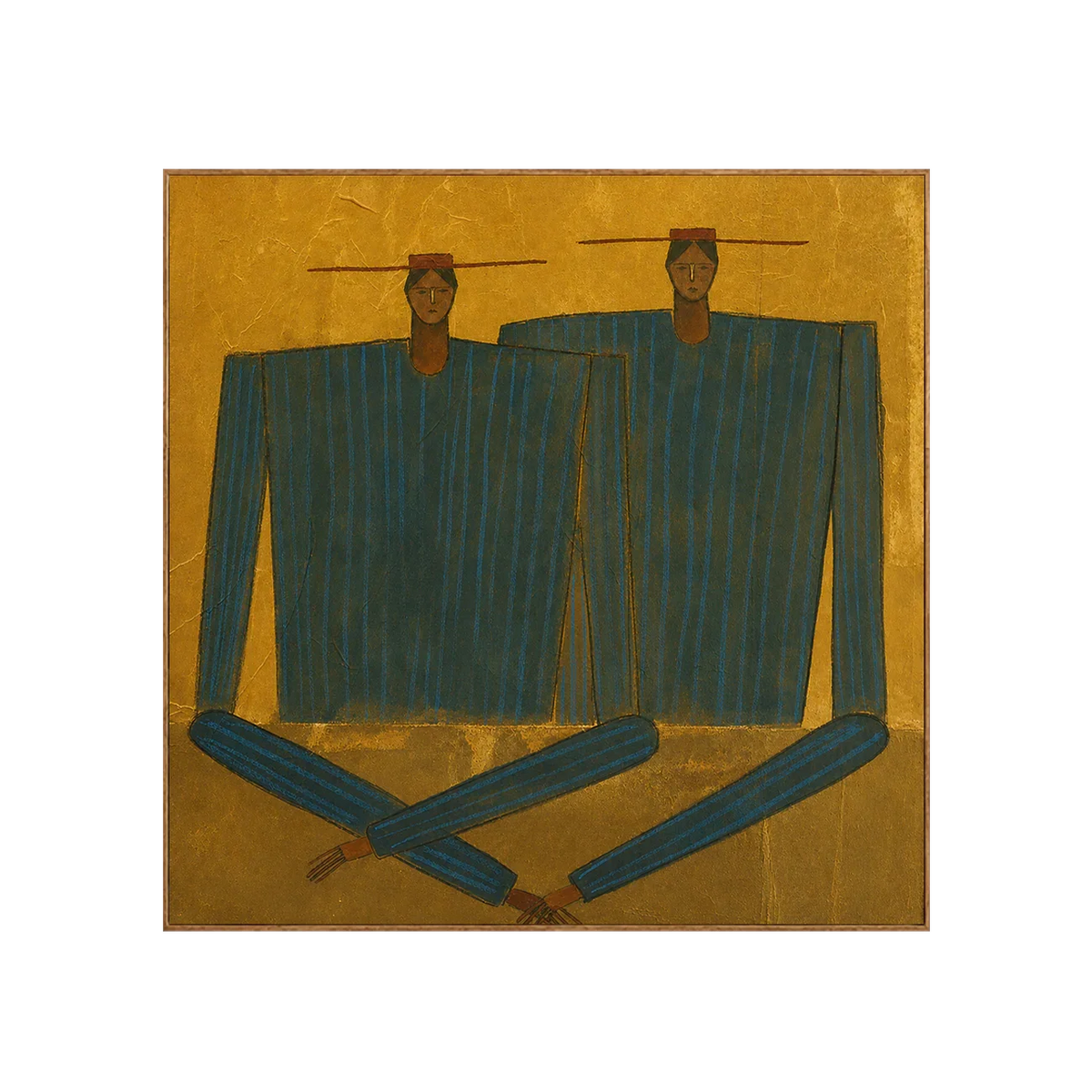 Two Angular Blue Figures on Golden Ochre Wall Art | Olyrel