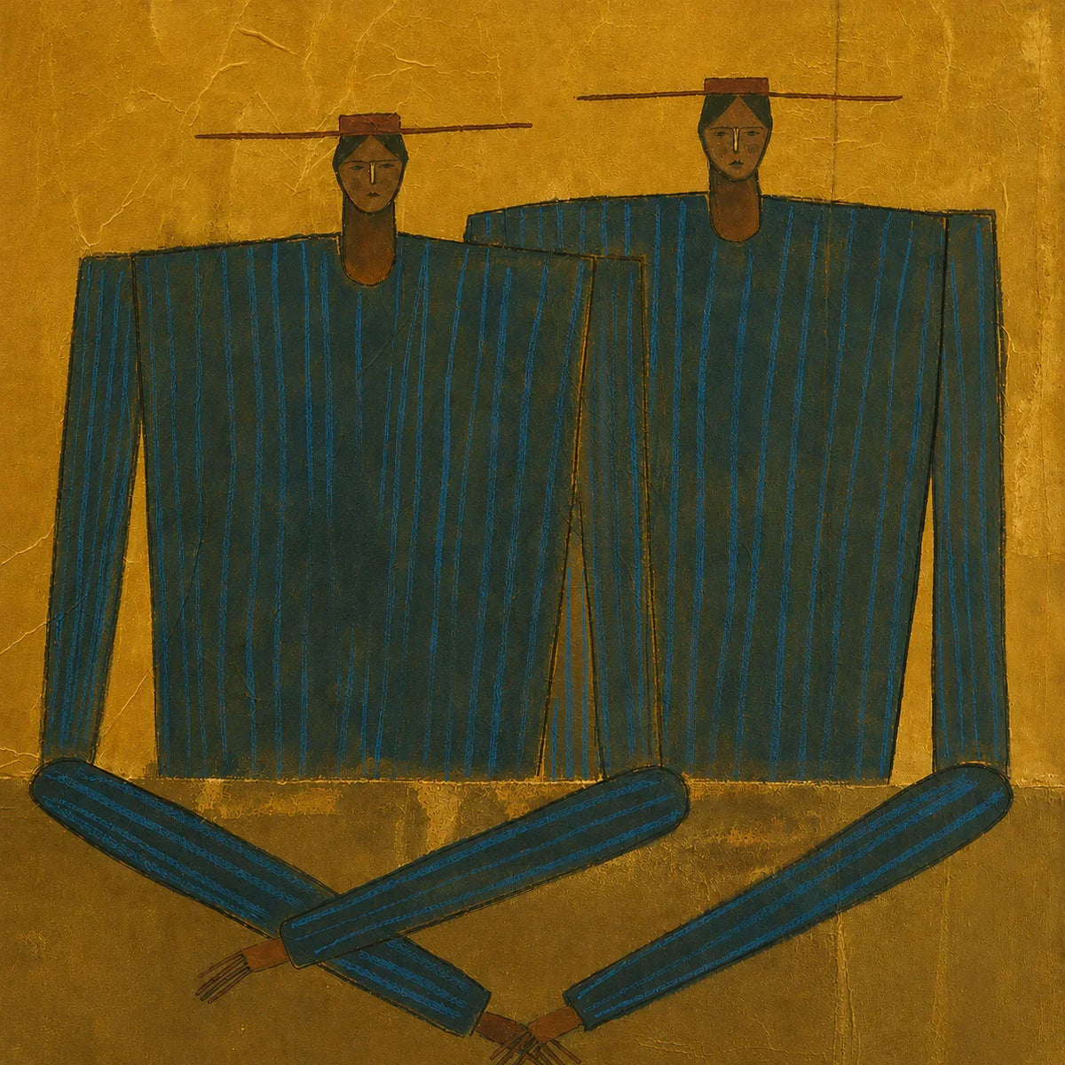 Two Angular Blue Figures on Golden Ochre Wall Art artwork view | Olyrel