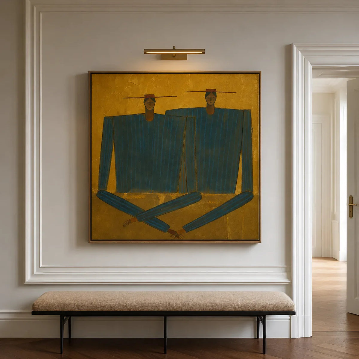 Two Angular Blue Figures on Golden Ochre Wall Art styled interior scene 2 | Olyrel