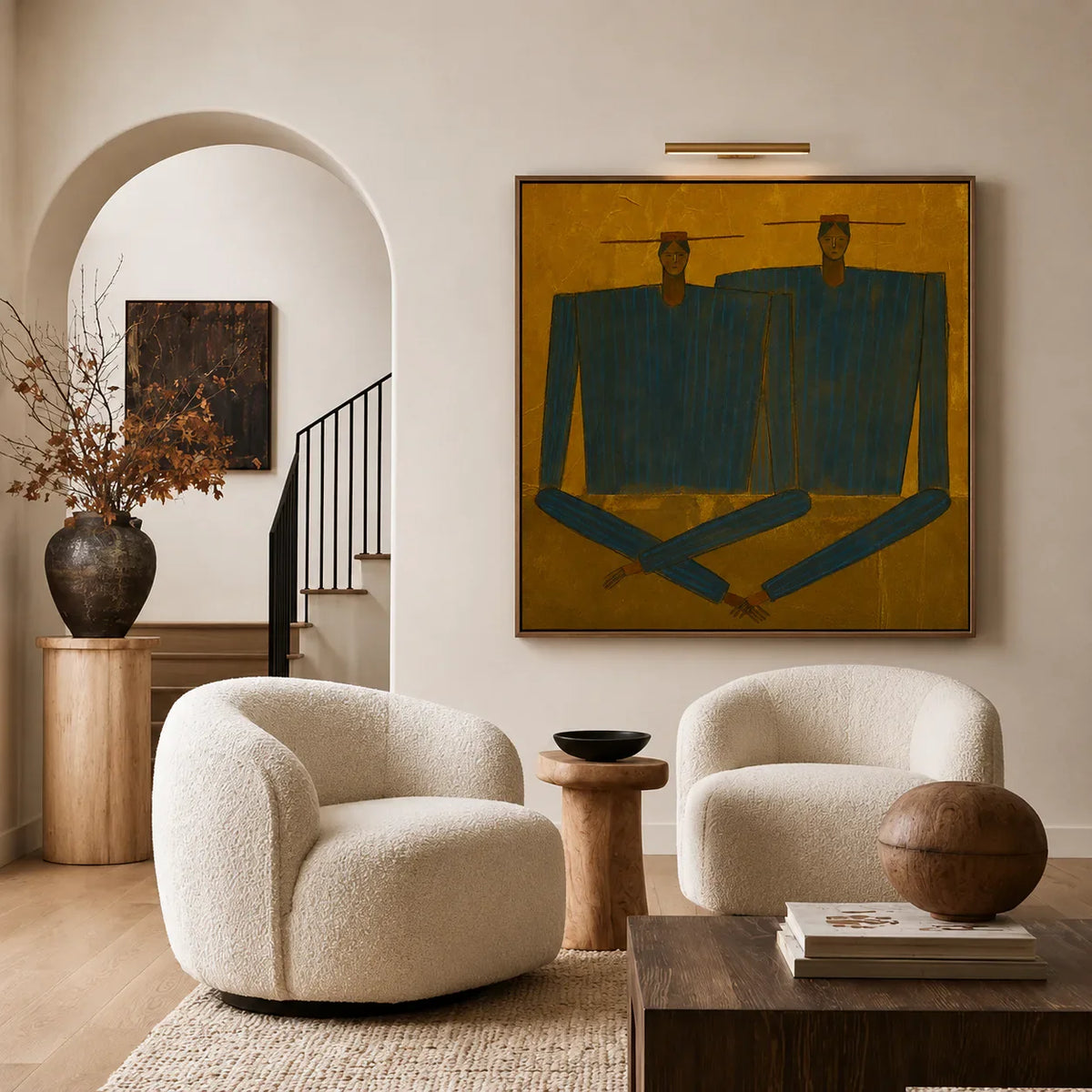 Two Angular Blue Figures on Golden Ochre Wall Art styled interior scene 5 | Olyrel