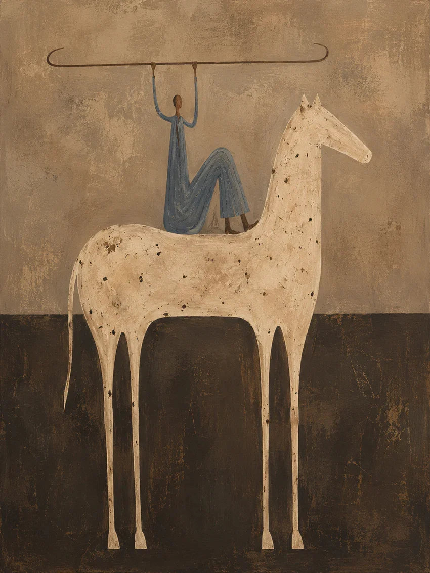 Blue Rider Balancing a Line Above a Cream Horse Wall Art artwork view | Olyrel