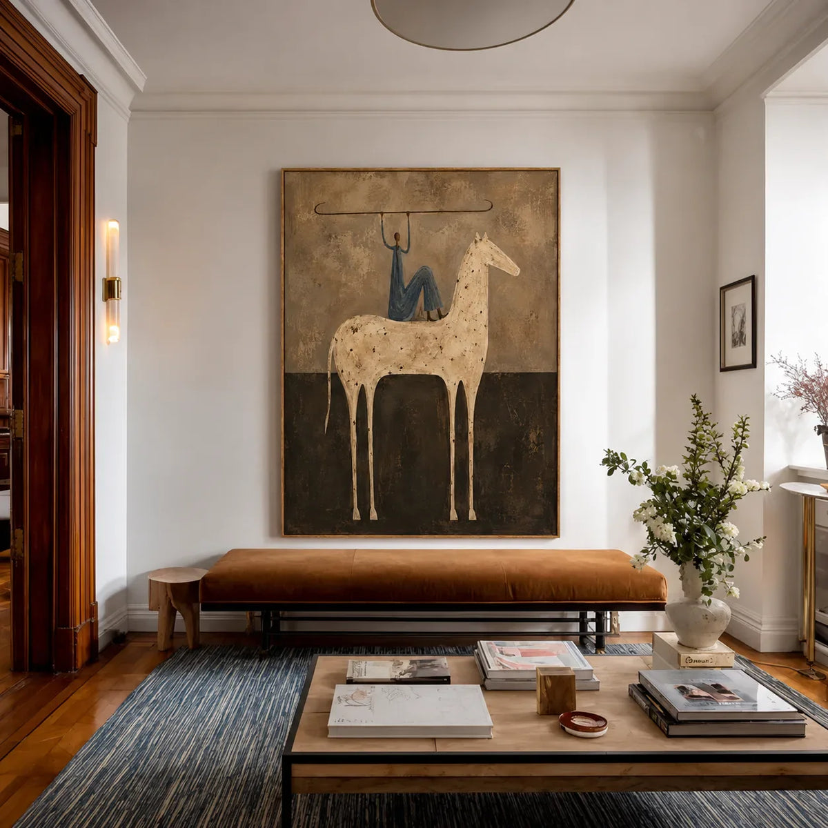 Blue Rider Balancing a Line Above a Cream Horse Wall Art styled interior scene 1 | Olyrel