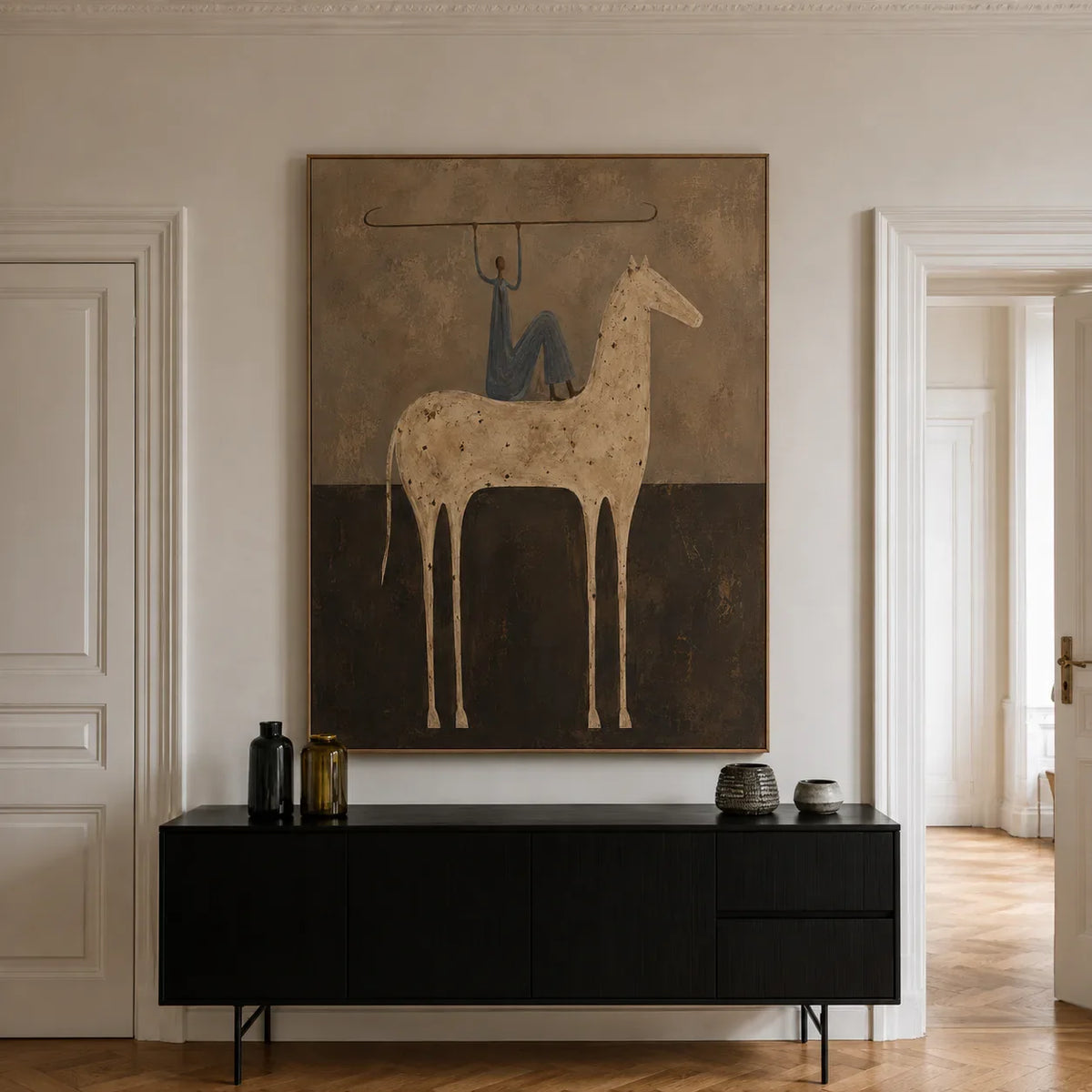 Blue Rider Balancing a Line Above a Cream Horse Wall Art styled interior scene 5 | Olyrel
